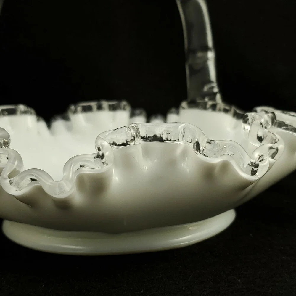 Fenton Silver Crest Brides Basket Ruffled Milk Glass Clear Glass Handle 8